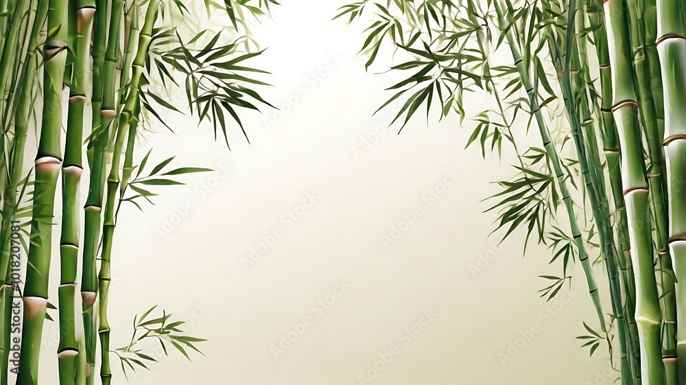 Fototapeta premium Many bamboo stalks on white background. Green bamboo horizontal background with stems and leaves on white
