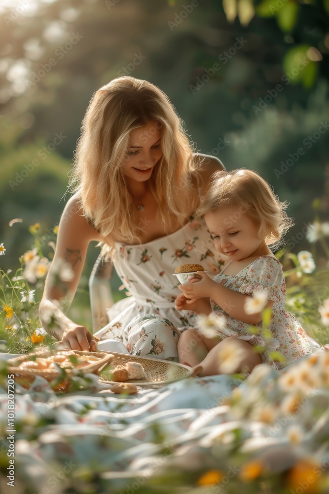 Mother with Baby Daughter Having Picnic in Garden on Sunny Day, Family Picnic Mother with Baby Daughter Having Picnic in Garden on Sunny Day, Family Picnic