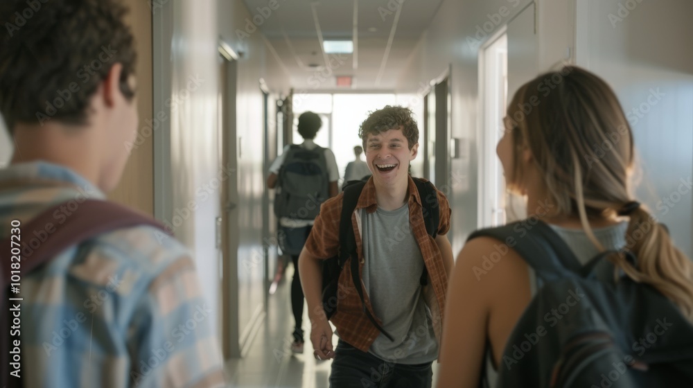 Obraz premium Laughing students gather in a school hallway, exuding the camaraderie and shared joy of friendship in a relaxed academic environment.