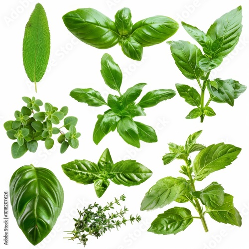 Fresh herbs set isolated, parsley, basil leaves, thyme, mint seasoning, raw green condiment sprig collection