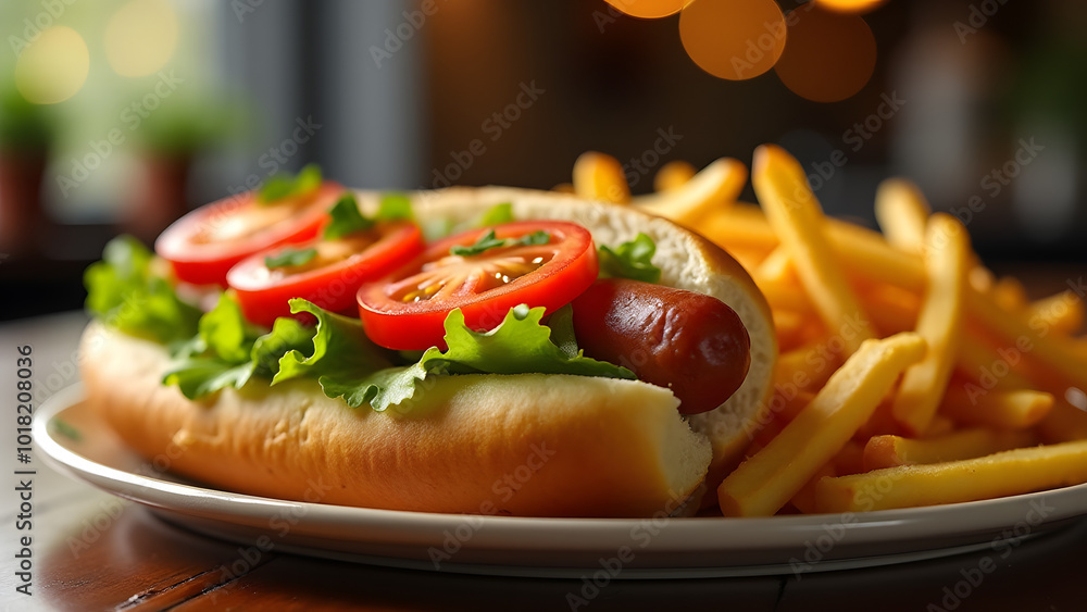 A Cozy Dining Room Scene Featuring a Delicious Hot Dog with Fresh Ingredients and Crispy French Fries, Perfect for Comfort Food Lovers A Cozy Dining Room Scene Featuring a Delicious Hot Dog with Fresh Ingredients and Crispy French Fries, Perfect for Comfort Food Lovers