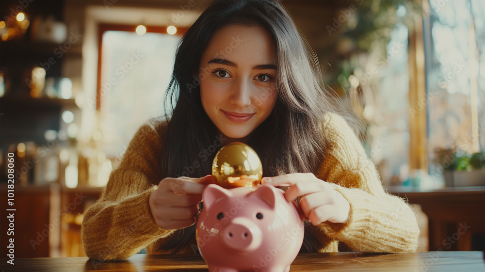Obraz premium 金の卵を貯金箱に入れる女性