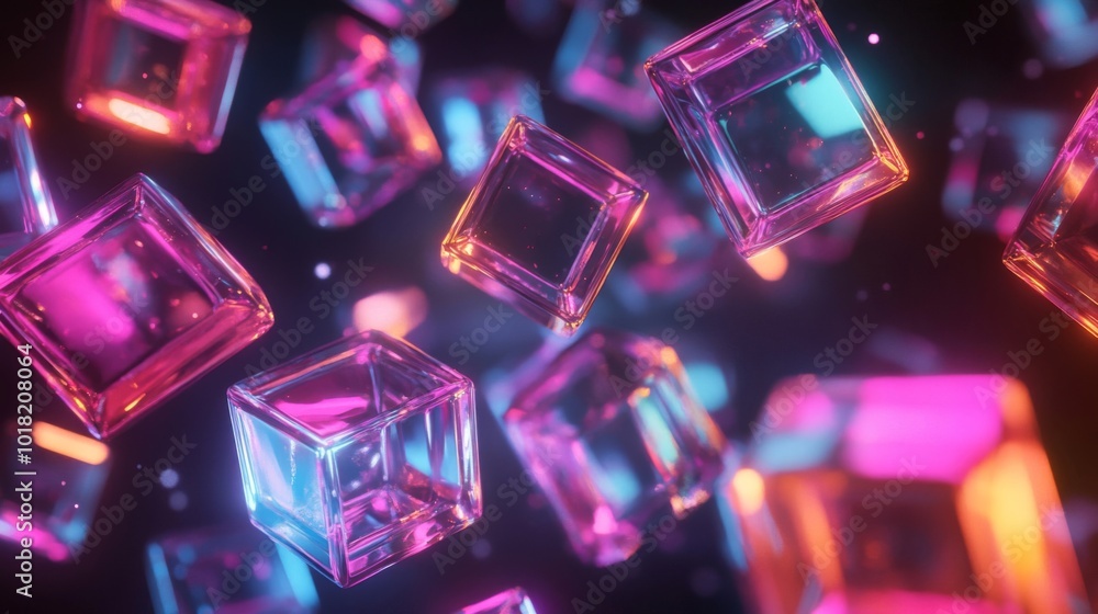 Neon-Lit Glass Cubes Floating in Darkness Neon-Lit Glass Cubes Floating in Darkness