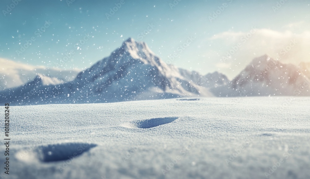 Fototapeta premium Snowflakes falling against a mountain landscape in the background with the sun shining