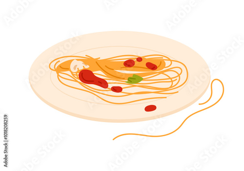 Eating spaghetti with tomato sauce, basil and mushroom from plate vector illustration