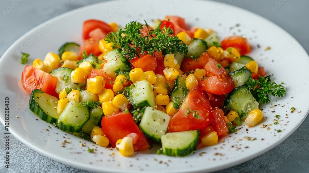 A fresh salad with chopped tomatoes, cucumbers, corn, and parsley. A fresh salad with chopped tomatoes, cucumbers, corn, and parsley.