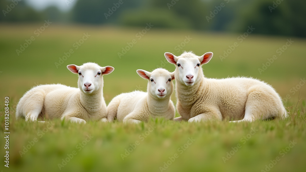Serene Pasture with White and Off-White Sheep Laying Peacefully Together in the Field, Embodying Rural Charm Serene Pasture with White and Off-White Sheep Laying Peacefully Together in the Field, Embodying Rural Charm