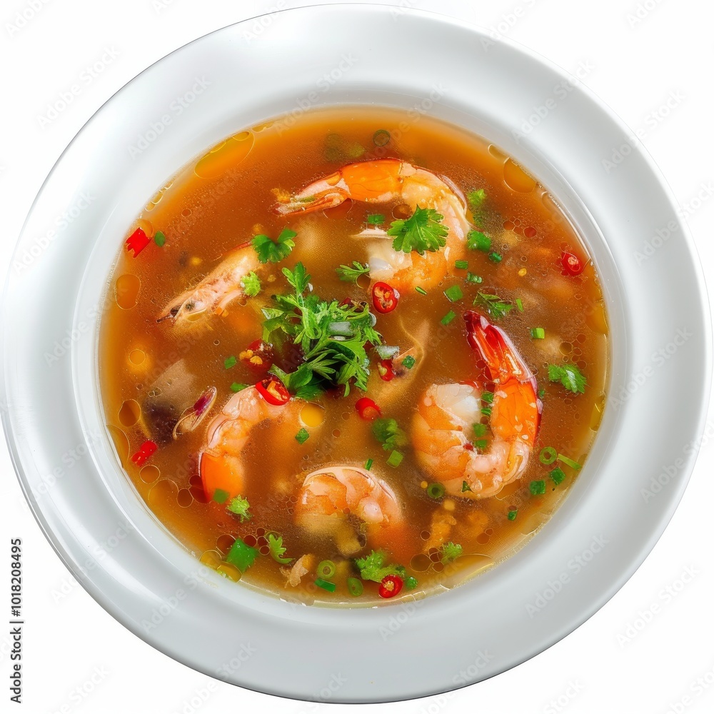 Hot Transparent Soup with Seafood in White Plate Isolated. Sour Spicy Bouillabaisse, Tom Yam, Miso Hot Transparent Soup with Seafood in White Plate Isolated. Sour Spicy Bouillabaisse, Tom Yam, Miso