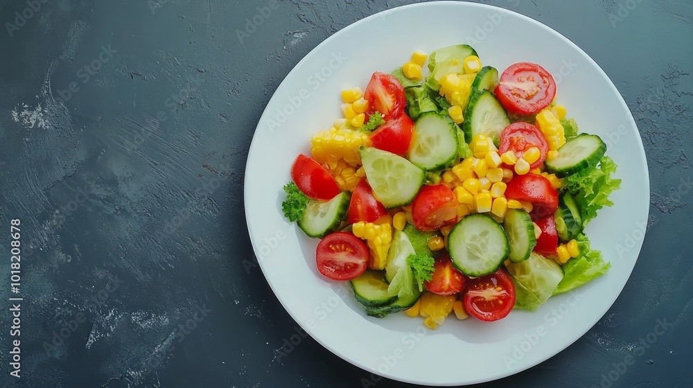 A fresh salad with cucumbers, tomatoes, corn, and lettuce on a white plate. A fresh salad with cucumbers, tomatoes, corn, and lettuce on a white plate.