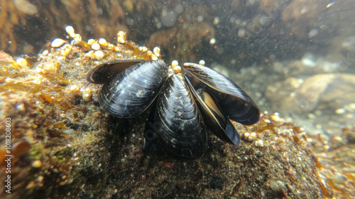 A close-up of Mussels clinging to a rocky surface under the water, their shells open slightly to reveal the dark interior, surrounded by barnacles photo