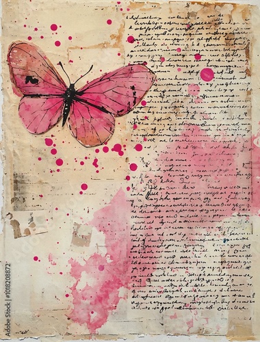 Wabi-Sabi Mixed Media Collage with Vintage Paper, Splashes, Handwriting & Butterfly