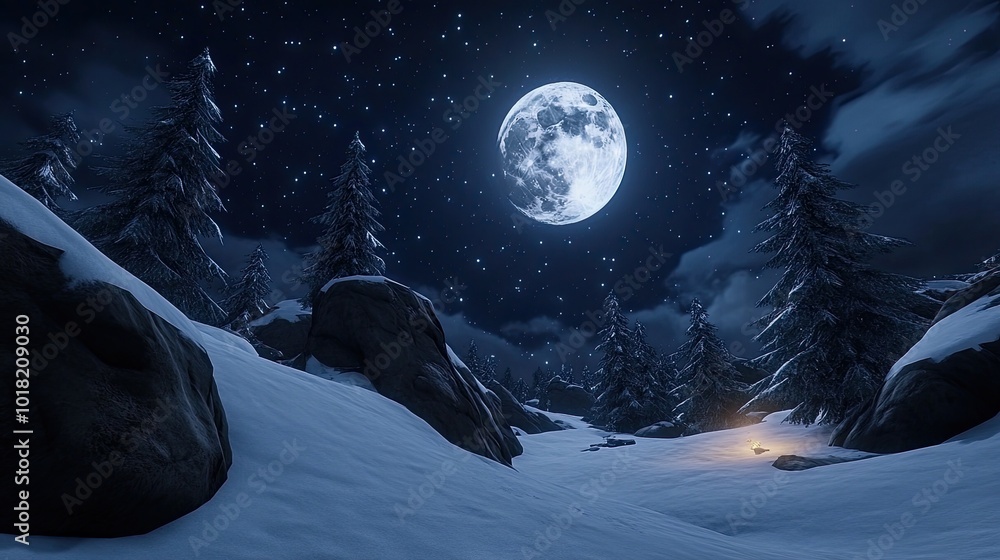 A tranquil winter landscape features a blue moon rising on the horizon above a snow-covered field, surrounded by leafless trees and rolling hills A tranquil winter landscape features a blue moon rising on the horizon above a snow-covered field, surrounded by leafless trees and rolling hills