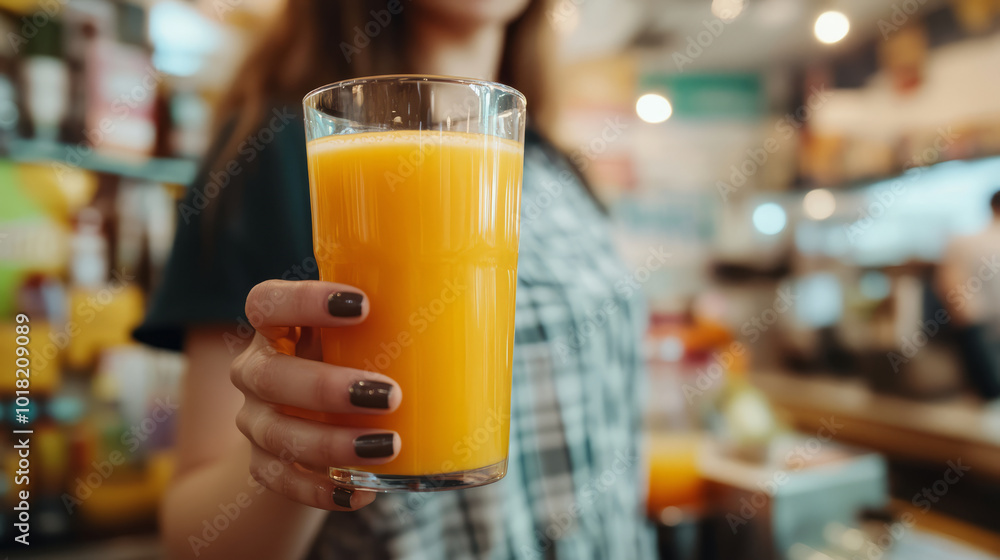 Juice shop customer holding a large glass of orange juice, with bright and cheerful interior decoration as a backdrop. Juice shop customer holding a large glass of orange juice, with bright and cheerful interior decoration as a backdrop.