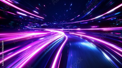 Abstract Digital Highway with Neon Lights and Stars
