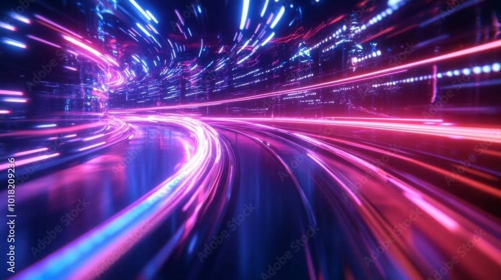 Abstract Neon Lights Trails in a Curved Tunnel Abstract Neon Lights Trails in a Curved Tunnel