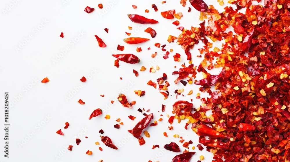 A vivid pile of bright red chili pepper flakes scattered across a white background, representing intense flavors and heat A vivid pile of bright red chili pepper flakes scattered across a white background, representing intense flavors and heat