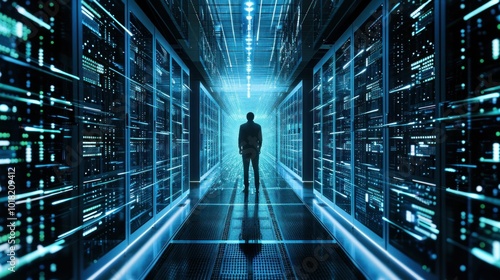 A man is currently standing in a server room located within a data center