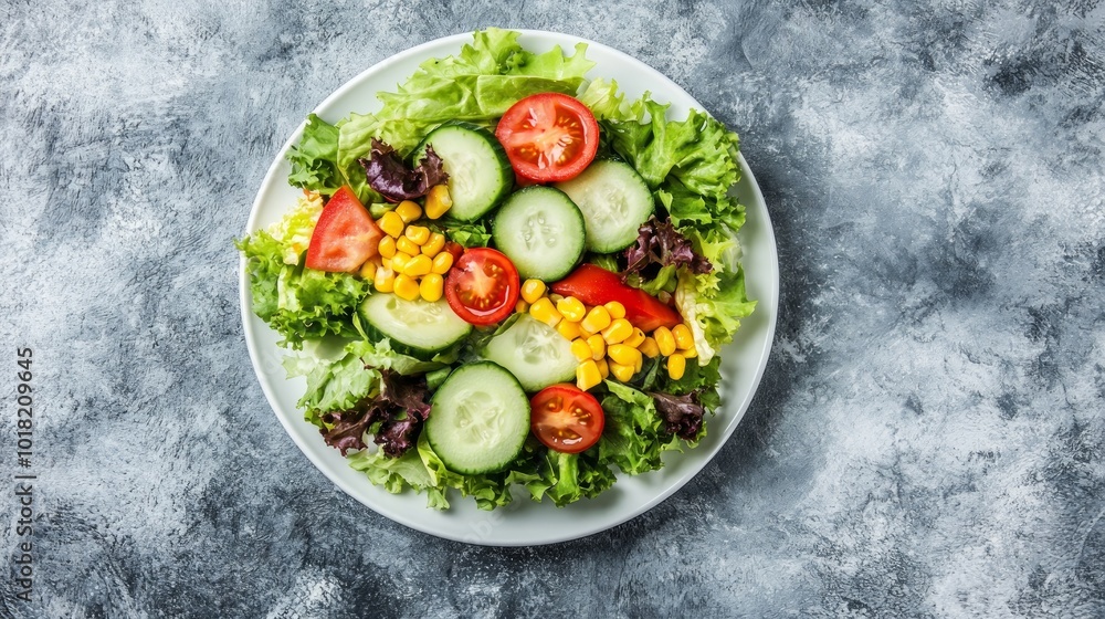 A fresh salad with lettuce, tomato, cucumber, and corn on a white plate. A fresh salad with lettuce, tomato, cucumber, and corn on a white plate.