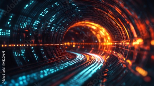 Fototapeta Naklejka Na Ścianę i Meble -  Abstract Tunnel with Glowing Orange and Blue Lines