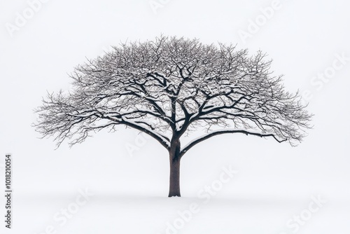 The branches of a tree are covered in snow in spring after a late snowfall