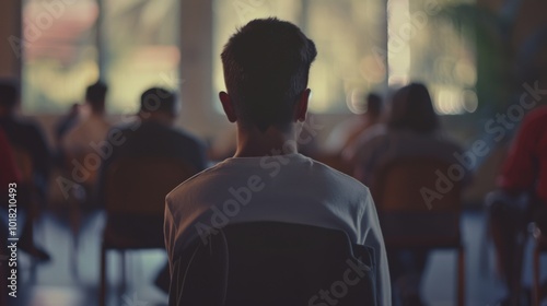 A contemplative young man sits alone in a classroom, surrounded by peers, capturing a moment of introspection amidst a social setting.