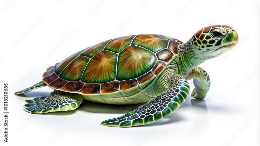 Obraz premium minimalist isolated green turtle side view on white background