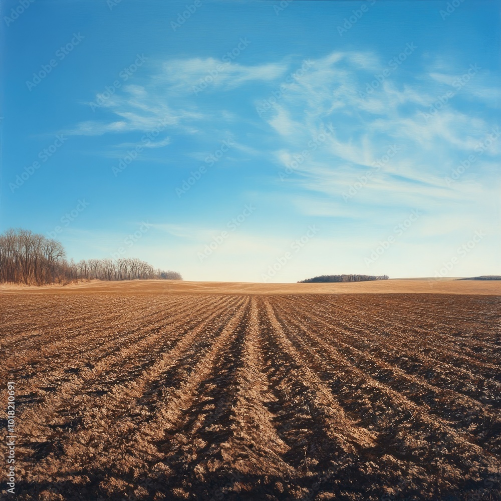 A wide expanse of farmland with freshly plowed soil, stretching toward a distant tree line under a bright blue sky A wide expanse of farmland with freshly plowed soil, stretching toward a distant tree line under a bright blue sky