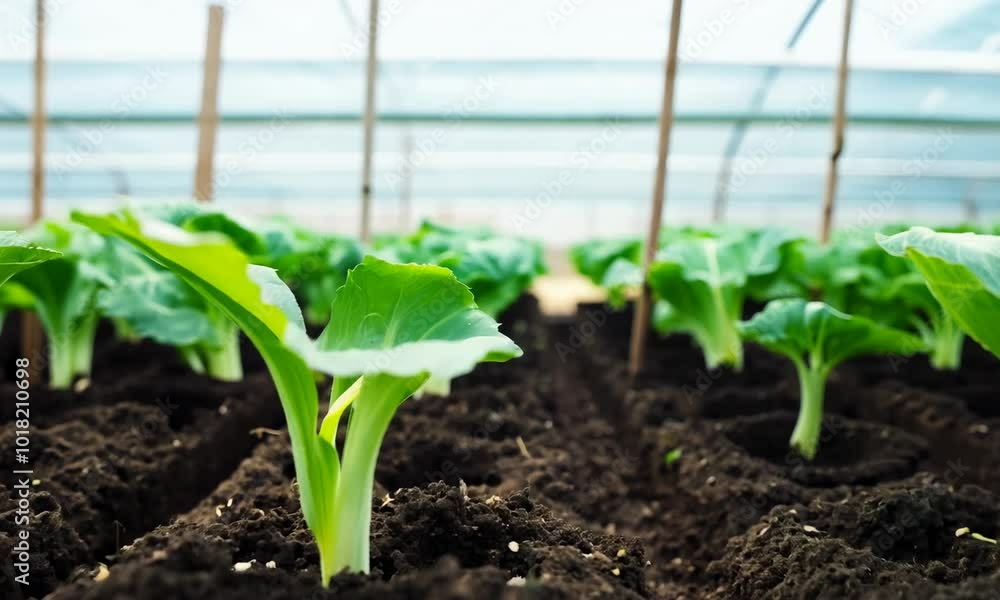 Close-up of green lettuce seedlings growing in rows in a greenhouse. Close-up of green lettuce seedlings growing in rows in a greenhouse.