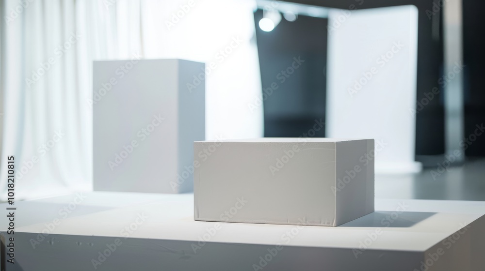 A plain white cube is centrally placed in a contemporary, minimalist studio, illuminated by soft lighting against a backdrop of white curtains, highlighting its clean lines. A plain white cube is centrally placed in a contemporary, minimalist studio, illuminated by soft lighting against a backdrop of white curtains, highlighting its clean lines.