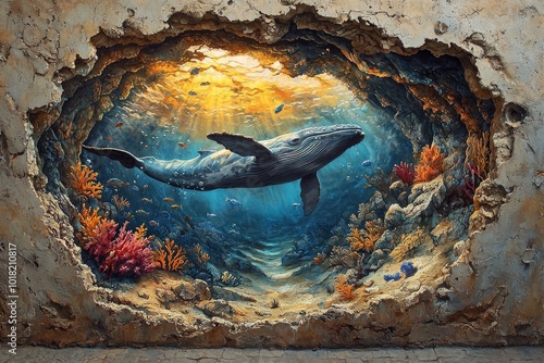 A 3D street art mural of a whale swimming through a broken wall, creating an illusion of an underwater scene. photo