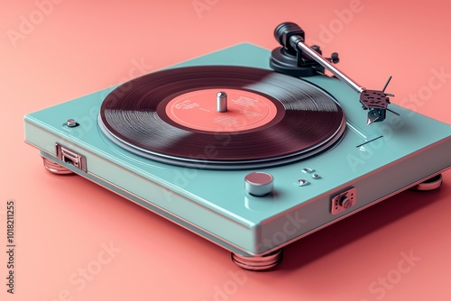 A vintage-style turquoise record player with a black vinyl record spinning on a pink surface. photo