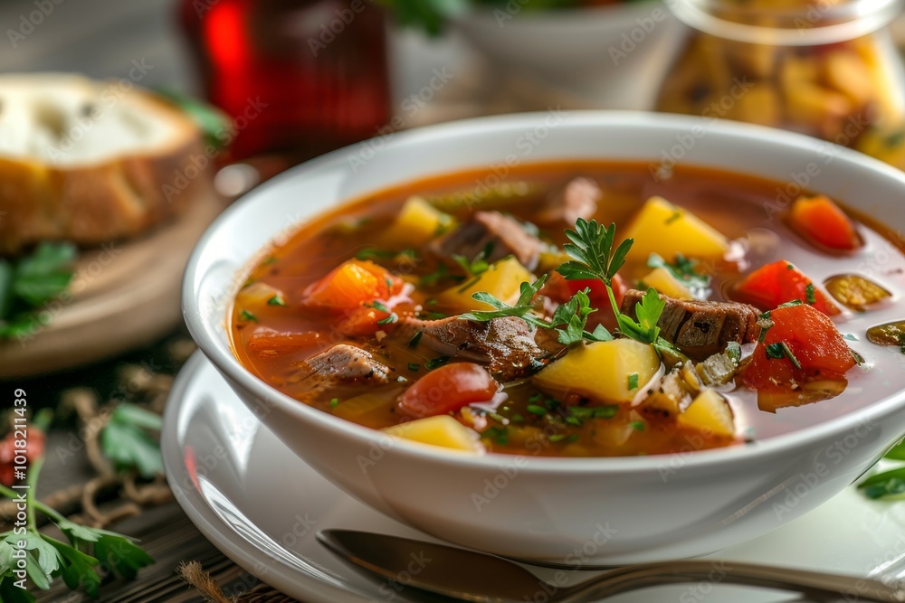 Red Tomato Soup with Beef, Greens and Vegetables, Rich Hot Veal Meat Broth with Tomatoes, Potatoes Red Tomato Soup with Beef, Greens and Vegetables, Rich Hot Veal Meat Broth with Tomatoes, Potatoes
