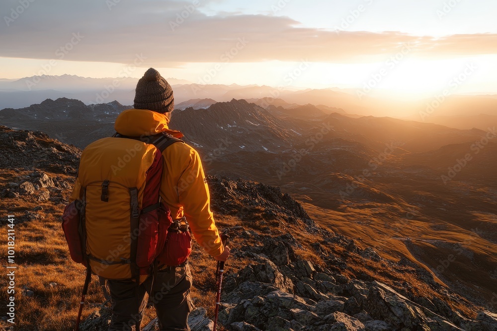 Fototapeta premium Adventurer Enjoys Breathtaking View from Mountain Summit