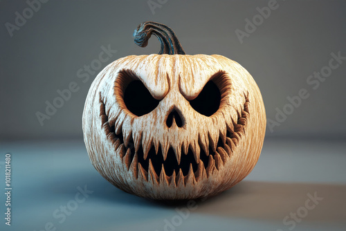 Scary jack-o'-lantern with deeply carved sharp teeth and menacing eyes, featuring a worn, weathered texture on a muted background. Scary Halloween pumpkin. photo