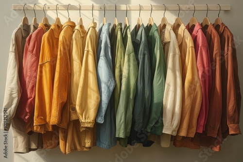 A vibrant display of various colored jackets hanging on a rack, creating a stylish and colorful atmosphere.