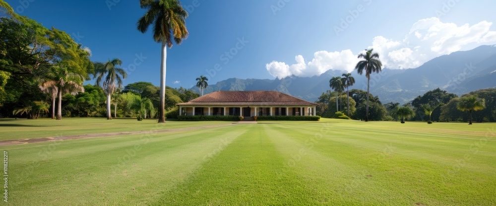 Obraz premium Stunning Colonial Estate Surrounded by Lush Greenery and Majestic Mountains