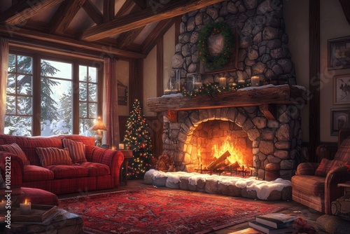 Cozy living room with stone fireplace, decorated for winter, featuring a Christmas tree and warm, inviting colors.