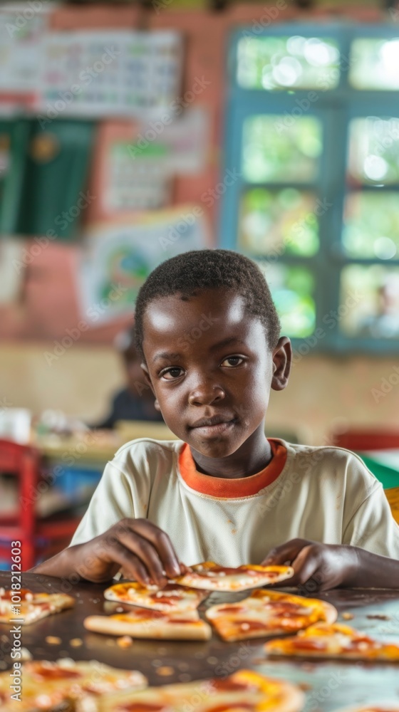 A young boy is sitting at a table with a plate of pizza in front of him A young boy is sitting at a table with a plate of pizza in front of him