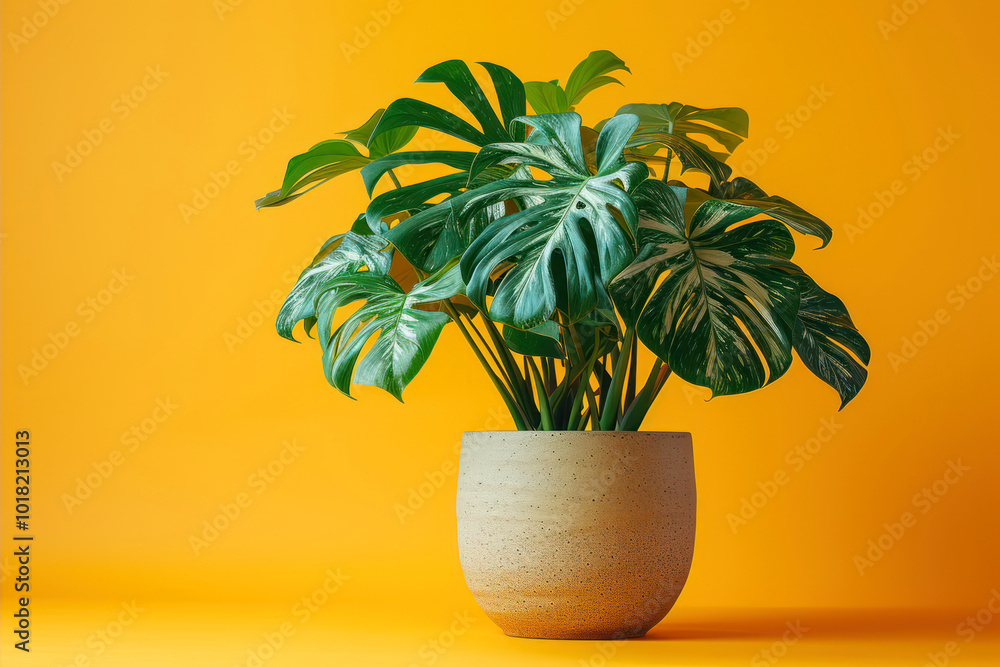 Beautiful Monstera Deliciosa Albo-Variegata Showcased in a Bright Studio Setting Beautiful Monstera Deliciosa Albo-Variegata Showcased in a Bright Studio Setting
