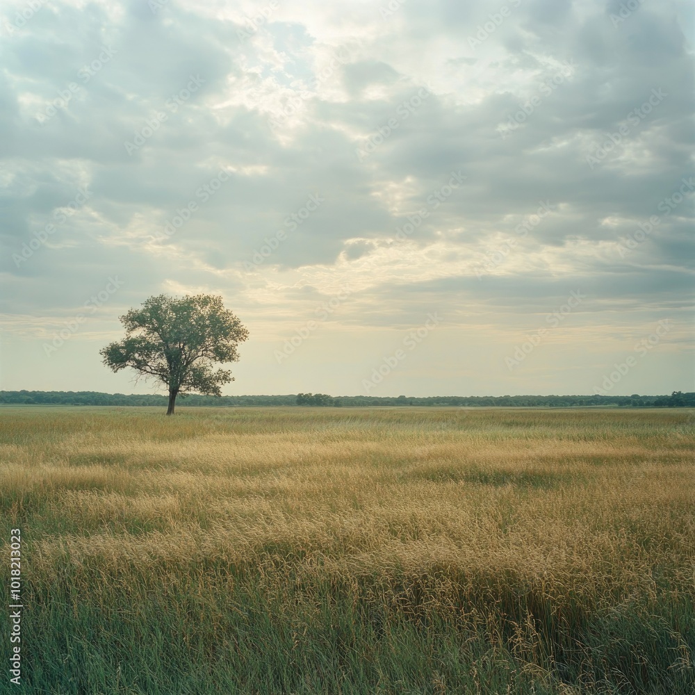 A wide, open field of tall grass under a cloudy sky, with a single oak tree standing in the distance
