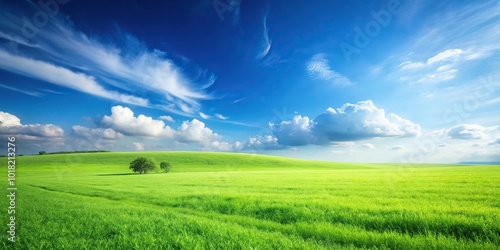 Minimalist landscape with green meadows and blue sky