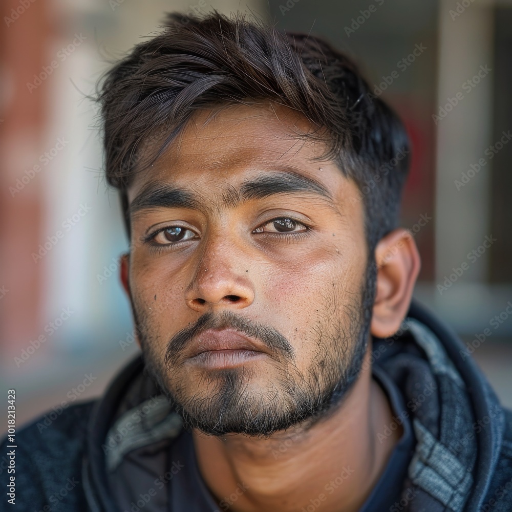 Fototapeta premium A man with a beard and short hair is wearing a black hoodie
