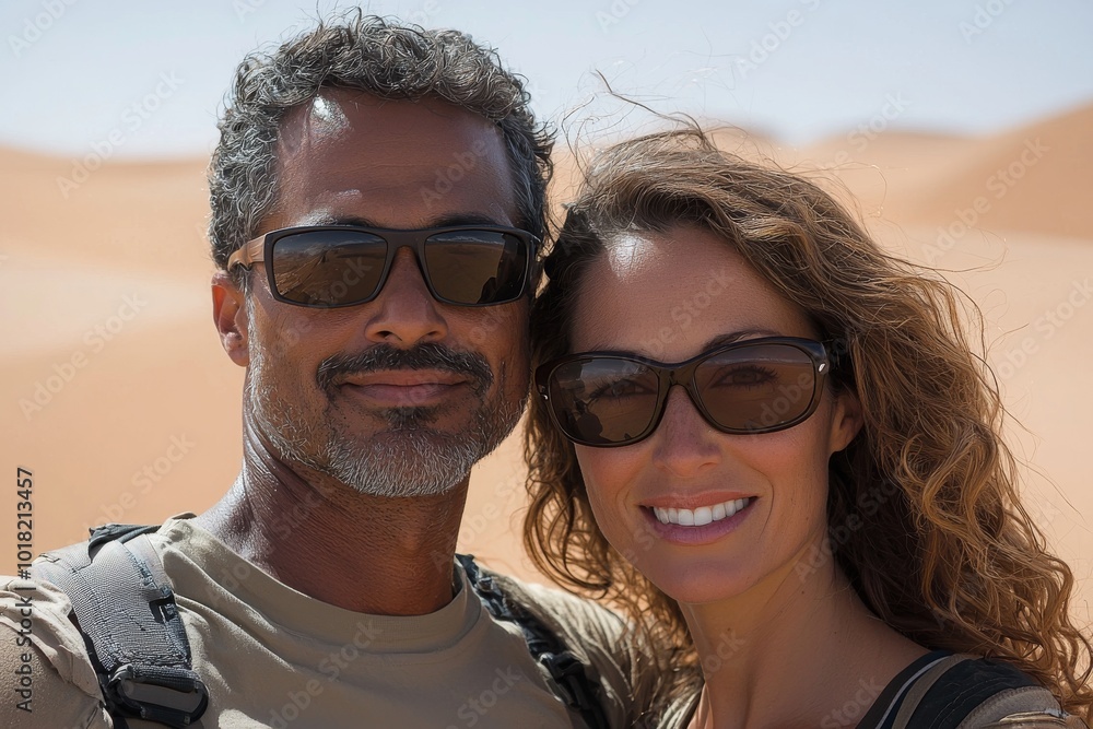 A smiling mixed-gender couple with sun-kissed skin enjoying a desert adventure, surrounded by sandy dunes. A smiling mixed-gender couple with sun-kissed skin enjoying a desert adventure, surrounded by sandy dunes.
