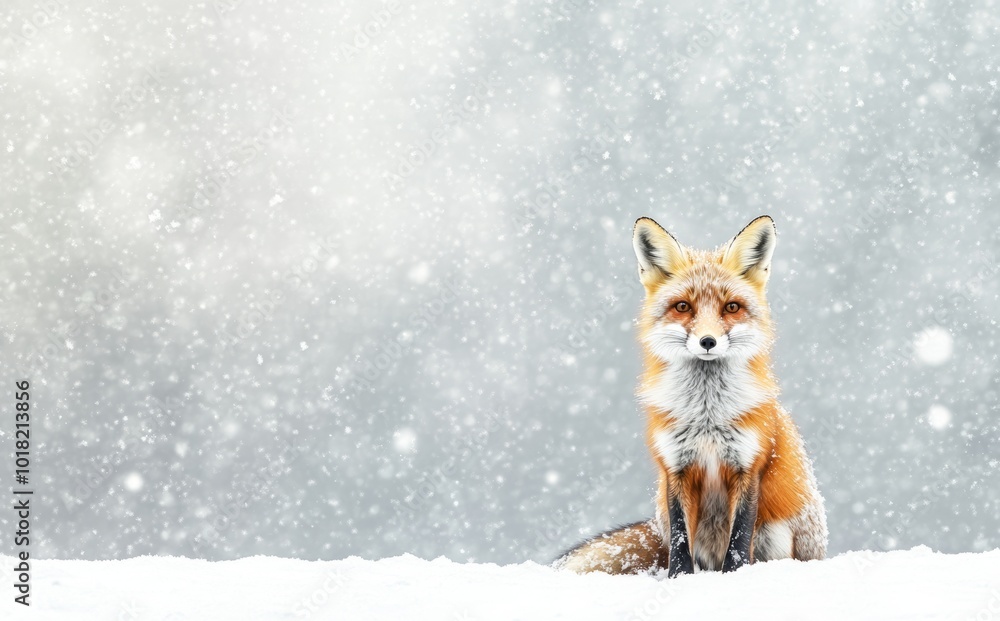 During winter, a Red fox is seen close up in falling snow During winter, a Red fox is seen close up in falling snow