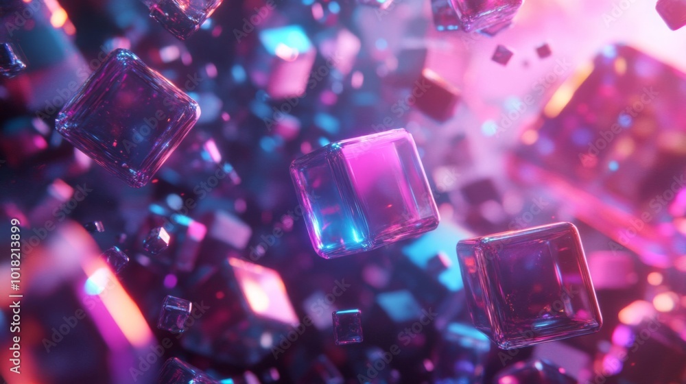 Abstract Floating Glass Cubes in Vibrant Neon Lighting Abstract Floating Glass Cubes in Vibrant Neon Lighting