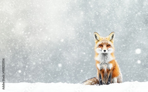 During winter, a Red fox is seen close up in falling snow