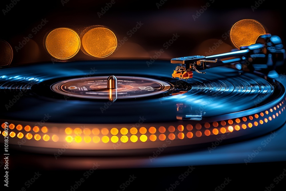 Obraz premium Close-up of a turntable with a spinning vinyl record, creating a nostalgic and vibrant atmosphere.