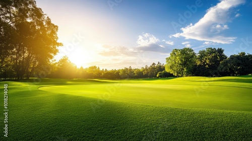 A wide shot of a pristine golf course featuring lush green grass and vibrant woods in the background.