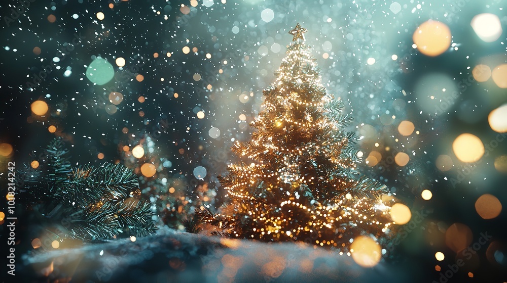A close-up of light garlands and golden baubles Christmas ornaments hanging from the branches of a palm tree on the beach A close-up of light garlands and golden baubles Christmas ornaments hanging from the branches of a palm tree on the beach