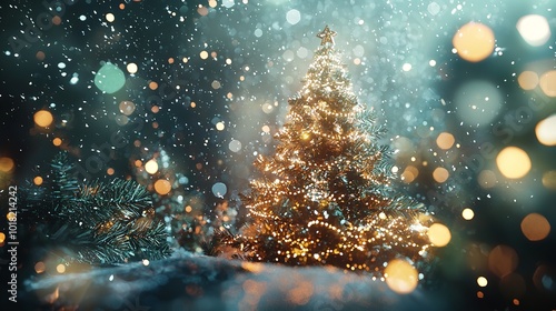 A close-up of light garlands and golden baubles Christmas ornaments hanging from the branches of a palm tree on the beach